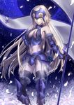  adapted_costume armor armored_boots bangs bare_shoulders belt belt_buckle black_legwear blonde_hair boots braid breasts buckle cleavage closed_mouth contrapposto corset eyebrows eyebrows_visible_through_hair eyelashes fate/grand_order fate_(series) faulds flag flower fur_trim garter_belt gorget hand_on_hip headpiece holding jeanne_d'arc_(alter)_(fate) jeanne_d'arc_(fate)_(all) lace_trim large_breasts light_particles lily_(flower) long_hair looking_at_viewer maomaozi md5_mismatch midriff navel night night_sky outdoors petals pole red_lips see-through sky solo standing stomach sword thighhighs vambraces very_long_hair weapon white_flower yellow_eyes 