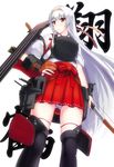  bow_(weapon) brown_eyes hairband hakama_skirt highres holding holding_weapon kantai_collection long_hair mizuki_(mizuki_ame) panties pleated_skirt red_skirt remodel_(kantai_collection) shoukaku_(kantai_collection) silver_hair skirt smile solo underwear very_long_hair weapon white_panties 