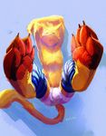  anthro armpits cat feline foot_focus hands_over_head hi_res leggins male mammal oselotti pawpads paws simple_background solo 