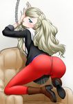  1girl akanako ass blue_eyes blush boots breasts chains chair from_behind hair_ornament hairclip jacket long_hair looking_at_viewer looking_back megami_tensei no_bra open_mouth pantyhose persona persona_5 platinum_blonde red_legwear shin_megami_tensei sideboob skirt smile solo takamaki_ann twintails upskirt 