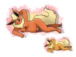  2016 alternate_color anthro anthrofied areola armpits belly blue_eyes breasts brown_fur brown_nipples cream_fur eeveelution english_text female flareon fur gaias-pitch-black-reborn-crow looking_at_viewer lying navel nintendo nipples nude on_side pok&eacute;mon pok&eacute;morph pubes purple_eyes pussy raised_arm red_fur shiny_pok&eacute;mon signature simple_background slightly_chubby smile solo text tuft_fur video_games watermark white_background 