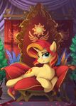  2016 canopy chair cutie_mark equestria_girls equine female feral flower fur green_eyes hair hi_res horn inside looking_at_viewer lying mammal multicolored_hair my_little_pony on_front orange_fur pillow plant rug smile solo sunset_shimmer_(eg) two_tone_hair unicorn yakovlev-vad 