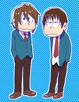  aqua_background aqua_jacket bangs black_eyes blazer brown_footwear brown_hair brown_pants collared_shirt commentary_request crossover dress_shirt frown full_body half-closed_eyes hands_in_pockets hunched_over jacket kita_high_school_uniform koizumi_itsuki kyon loafers long_sleeves looking_at_viewer male_focus mizutama_tomo multiple_boys necktie nose open_clothes open_jacket osomatsu-san outline pants parody red_neckwear sanpaku school_uniform shirt shoes simple_background smile style_parody suzumiya_haruhi_no_yuuutsu toon white_outline white_shirt wing_collar 