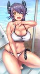  beach beach_chair between_legs bikini breasts checkered checkered_neckwear cleavage commentary eyepatch hand_between_legs headgear kantai_collection large_breasts looking_at_viewer navel necktie open_mouth outdoors plump purple_hair sand short_hair skindentation solo squatting sweat swimsuit teeth tenryuu_(kantai_collection) umbrella untsue water white_bikini yellow_eyes 