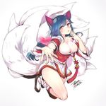  ahri animal_ears blue_hair breasts cleavage dated detached_sleeves ejami facial_mark fox_ears fox_tail heart korean_clothes large_breasts league_of_legends long_hair multiple_tails signature simple_background solo tail whisker_markings white_background yellow_eyes 