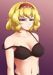  alice_margatroid arms_at_sides black_bra black_panties blonde_hair blue_eyes bow bow_bra bra breasts cleavage collarbone colored_eyelashes frown gradient gradient_background hairband lace lace-trimmed_bra lace-trimmed_panties large_breasts mazume navel panties purple_background reflective_eyes shiny shiny_hair shiny_skin short_hair solo stomach strap_slip touhou underwear upper_body 