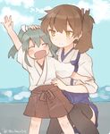  blush brown_eyes brown_hair closed_eyes commentary_request day green_hair hand_on_another's_head hand_on_another's_hip ina_(1813576) japanese_clothes kaga_(kantai_collection) kantai_collection multiple_girls open_mouth outdoors outstretched_arm side_ponytail smile squatting thighhighs twintails twitter_username younger zuikaku_(kantai_collection) 