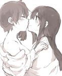  akagi_(kantai_collection) bare_shoulders blush closed_eyes commentary_request ina_(1813576) japanese_clothes kaga_(kantai_collection) kantai_collection kiss long_hair monochrome multiple_girls shoulder_grab side_ponytail smile straight_hair upper_body yuri 