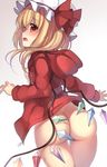  alternate_costume ass blonde_hair blush bottomless breasts cowboy_shot crystal flandre_scarlet from_behind hat highres hood hood_down hoodie janne_cherry long_sleeves mob_cap naked_hoodie no_panties open_clothes open_hoodie profile red_eyes red_ribbon ribbon side_ponytail small_breasts solo touhou wings 