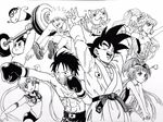  2020_summer_olympics 3girls 5boys abs arms_up asahina_mirai atom_(tetsuwan_atom) barbell bare_chest bishoujo_senshi_sailor_moon bottle bow boxing_gloves cat choker circlet commentary_request crayon_shin-chan crossover cure_magical cure_miracle dougi dragon_ball dragon_ball_z drinking elbow_gloves facial_mark frown gloves goggles greyscale grin hair_bow haramaki hat heart highres ink_(medium) izayoi_liko jersey jibanyan lee_(dragon_garou) leotard long_hair mahou_girls_precure! male_swimwear mini_hat mini_witch_hat monkey_d_luffy monochrome multiple_boys multiple_crossover multiple_girls multiple_tails muscle naruto naruto_(series) naruto_shippuuden nohara_shinnosuke notched_ear olympics one_piece open_hands open_mouth parody precure sailor_moon scar serious shoes short_shorts shorts sidelocks smile sneakers son_gokuu swim_trunks swimwear tail tetsuwan_atom traditional_media tsukino_usagi twintails two_tails uzumaki_naruto weightlifting witch_hat youkai youkai_watch 