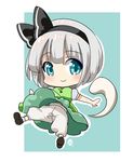  bloomers blush chibi dress green_dress green_eyes hair_ribbon konpaku_youmu konpaku_youmu_(ghost) nagare puffy_short_sleeves puffy_sleeves ribbon shirt short_sleeves silver_hair smile touhou underwear upskirt white_shirt 