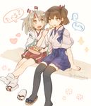  2girls blush brown_eyes brown_hair chopsticks commentary_request drooling feeding hachimaki headband heart high_ponytail ina_(1813576) japanese_clothes kaga_(kantai_collection) kantai_collection light_brown_hair long_hair multiple_girls obentou omelet open_mouth sandals shoes side_ponytail simple_background single_shoe sitting sparkle spoken_ellipsis tabi tamagoyaki thighhighs translated twitter_username zuihou_(kantai_collection) 