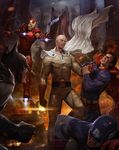  armor artstation_sample bald batman battle building cape captain_america city clenched_hand clenched_teeth clothes_grab cloud cloudy_sky crossover dc_comics debris embers fire floating gloves helmet highres image_sample iron_man lens_flare male_focus marvel mask motion_blur multiple_boys multiple_crossover muscle no_pupils one-punch_man red_gloves saitama_(one-punch_man) sky skyscraper superhero superman teeth torn_clothes watermark web_address white_cape woo_chul_lee 