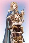  :3 :d =_= armor barbariank bell blush breasts brown_hair cape closed_eyes commentary daetta_(granblue_fantasy) draph fur-trimmed_gloves fur_trim gauntlets gloves granblue_fantasy greaves hair_bell hair_ornament heart height_difference highres horns katalina_aryze large_breasts long_hair multiple_girls open_mouth pauldrons petting pointy_ears smile underbust 