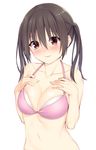  bangs bare_arms bare_shoulders blush bra breasts brown_hair cleavage closed_mouth collarbone commentary_request fingernails hair_between_eyes hands_on_own_chest highres large_breasts looking_at_viewer mikazuchi_zeus navel original pink_bra red_eyes short_twintails simple_background smile solo stomach twintails underwear underwear_only upper_body 
