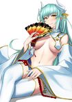  aqua_hair armor breasts cosplay detached_sleeves fan fate/grand_order fate_(series) horns kiyohime_(fate/grand_order) large_breasts long_hair midriff navel no_bra panties shijiu_(adamhutt) smile solo thighhighs underwear ushiwakamaru_(fate/grand_order) ushiwakamaru_(fate/grand_order)_(cosplay) yellow_eyes 