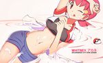  akane_(pokemon) breasts character_name gym_leader hair_ornament large_breasts liquid looking_at_viewer midriff navel one_eye_closed pink_eyes pink_hair poke_ball poke_ball_(generic) pokemon pokemon_(game) pokemon_hgss shorts smile solo tongue twintails vivivoovoo 