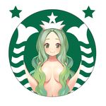  breasts circle convenient_censoring fish_tail green green_eyes green_hair hair_censor hair_over_breasts hair_over_shoulder large_breasts logo long_hair mermaid monster_girl navel parody pop_kyun round_image simple_background smile solo star starbucks starbucks_siren tail topless wavy_hair white_background 