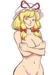  alternate_hairstyle blonde_hair bow breasts covering_nipples cowboy_shot hair_bow hair_up hat hat_ribbon hip_bones large_breasts lenny_face looking_to_the_side mazume meme mob_cap navel nude outline ribbon shiny shiny_hair shiny_skin short_hair simple_background solo touhou troll_face white_background yakumo_yukari 