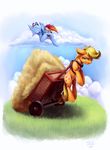  2016 applejack_(mlp) blonde_hair blue_feathers blue_fur cart cloud cutie_mark duo earth_pony equine feathered_wings feathers female feral freckles friendship_is_magic fur grass green_eyes hair hay horse mammal multicolored_hair multicolored_tail my_little_pony orange_fur outside pegasus pony purple_eyes rainbow_dash_(mlp) rainbow_hair sky smile tsitra360 wings 