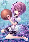  absurdres barefoot basketball blush checkered checkered_floor collarbone dress hair_ribbon highres holding minato_tomoka one_side_up open_mouth partially_submerged petals purple_hair purple_ribbon ribbon rou-kyuu-bu! scan short_hair sitting solo tinker_bell wariza water 