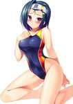  blush bucchake_(asami) competition_swimsuit green_hair hand_on_own_chest headband kneeling one-piece_swimsuit purple_eyes sengoku_otome short_hair solo swimsuit uesugi_kenshin_(sengoku_otome) 