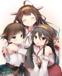  ahoge bangs bare_shoulders black_hair blue_eyes blush brown_hair brown_skirt closed_eyes closed_mouth detached_sleeves eyebrows eyebrows_visible_through_hair gradient gradient_background hair_between_eyes haruna_(kantai_collection) headgear hiei_(kantai_collection) hiiragi_souren kantai_collection kongou_(kantai_collection) long_hair long_sleeves looking_at_viewer multicolored multicolored_background multiple_girls nontraditional_miko open_mouth orange_eyes plaid plaid_skirt pout red_skirt short_hair skirt sleeveless smile two-tone_background 