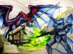  2016 absurd_res anthro armor blue_scales breath_weapon clothed clothing croft curus_keel digital_media_(artwork) dragon duo fallout feathered_dragon feathers featureless_crotch feral fight fully_clothed grin gun hi_res male mallikeet mane membranous_wings nude open_mouth outside powered_armor ranged_weapon realistic rifle scales scalie shaded simple_background sky standing video_games weapon wings 