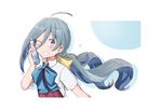  1girl ahoge blue_bow blue_bowtie blue_hair blush bottle_to_cheek bow bowtie commentary_request dress grey_eyes grey_hair grin hair_between_eyes hair_bow kantai_collection kiyoshimo_(kantai_collection) long_hair looking_at_viewer low_twintails multicolored_hair one_eye_closed ramune riz_(ravel_dc) shirt short_sleeves simple_background sleeveless sleeveless_dress smile twintails upper_body very_long_hair white_shirt 