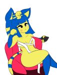  animal_crossing ankha_(animal_crossing) anthro bandage big_butt blue_hair blush breasts butt cleavage clothed clothing controller crossed_legs domestic_cat eyelashes felid feline felis female fur hair half-closed_eyes holding_object mammal mostly_nude nintendo remote_control simple_background sitting solo tonytoran uraeus video_games white_background yellow_fur 