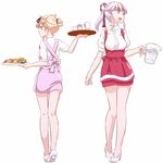  2girls alternate_costume alternate_hairstyle anna_miller apron bare_legs black_ribbon blonde_hair cake commentary_request cup food glass green_eyes hair_flaps hair_ornament hair_ribbon hairclip kantai_collection long_hair mikeco multiple_girls open_mouth pink_hair plate ponytail red_eyes remodel_(kantai_collection) ribbon shoes simple_background skirt tray underbust very_long_hair waitress water white_background yura_(kantai_collection) yuudachi_(kantai_collection) 