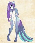  2016 anthro black_nose blue_eyes blue_feathers blue_fur breasts brown_background english_text feathers featureless_breasts featureless_crotch feline female fur hair hands_behind_back hi_res long_hair looking_at_viewer mammal multicolored_hair navel nude pacevanrign panther purple_feathers purple_hair signature simple_background smile solo spots text tuft two_tone_hair white_fur white_hair 