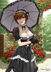  black_dress breasts brown_eyes brown_hair cleavage commentary_request dress flower frilled_dress frills gothic_lolita hairband hamura_mayu large_breasts lolita_fashion lolita_hairband meiko red_flower red_rose rose short_hair solo umbrella vocaloid 