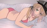  anchor_hair_ornament aqua_eyes arm_pillow ass bangs bed_sheet bikini blonde_hair blue_eyes breast_press breasts cleavage cowboy_shot hair_between_eyes hair_ornament hat kantai_collection long_hair looking_at_viewer lying medium_breasts on_bed on_stomach parted_lips peaked_cap pink_bikini prinz_eugen_(kantai_collection) shade sketch solo swimsuit twintails youmak 