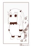  alternate_hairstyle arms_at_sides bangs commentary highres horns horse_tail kantai_collection mittens monochrome moomin muppo northern_ocean_hime ponytail sazanami_konami sidelocks sketch tail tail_wagging too_literal translated twitter_username white_background 