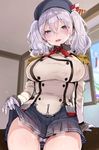  :d beret blue_eyes blush breasts cameltoe collared_shirt covered_nipples cowboy_shot double-breasted epaulettes gloves hat highres kantai_collection kashima_(kantai_collection) large_breasts long_hair looking_at_viewer nekometaru open_mouth panties pantyshot pantyshot_(standing) pleated_skirt shirt silver_hair skirt skirt_lift smile solo standing sweat teeth twintails underwear white_gloves white_panties wind_chime window 