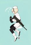  absurdres assault_rifle blonde_hair boots capelet cigarette commentary gloves gun hat highres hood hood_down hooded_capelet leggings original pencil_skirt rifle seallllion short_hair sig_550 sig_sauer simple_background sitting skirt smoking symbol_commentary weapon 