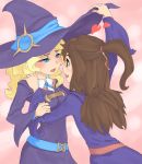  2girls blonde_hair blue_eyes blush brown_hair couple diana_cavendish eye_contact happy hat heart kagari_atsuko little_witch_academia looking_at_another multiple_girls pink_background red_eyes rilliant simple_background smile witch_hat yuri 