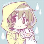  2016 aoki_ume bangs blue_background brown_eyes brown_hair commentary_request dated doll hair_ornament hidamari_sketch holding holding_doll hood hood_up lowres open_mouth raincoat short_hair sketch sleeves_past_wrists smile solo teruterubouzu translation_request water_drop yuno 