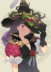  ddal gloves hand_on_headwear hat highres long_hair looking_at_viewer original plant purple_hair red_eyes smile solo vines witch witch_hat 