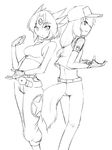  2girls belt blue_mary camel_(dansen) cosplay fatal_fury female fingerless_gloves gloves hat midriff milia milia_wars monochrome multiple_girls profile sachiho tail terry_bogard the_king_of_fighters 