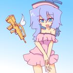  :d alternate_costume alternate_weapon assault_rifle blue_eyes blue_hair blush breasts bullpup cleavage commentary_request dress famas gun hat kakinoki_mikan_(kari) long_hair medium_breasts merlin_prismriver off-shoulder_dress off_shoulder open_mouth rifle sketch smile solo touhou weapon 