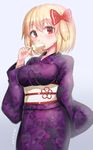  blonde_hair blush bracelet breasts doyouwantto eating floral_print food hair_ribbon japanese_clothes jewelry kimono large_breasts looking_at_viewer obi popsicle purple_kimono red_eyes ribbon rumia sash short_hair simple_background solo touhou 