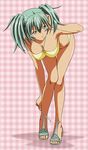  adjusting_hair artist_request bangs bent_over bikini blush breasts cleavage feet full_body green_eyes green_hair hair_between_eyes halterneck hand_up hanging_breasts high_heels ikkitousen large_breasts legs looking_to_the_side official_art open_toe_shoes parted_lips pink_background plaid plaid_background ryofu_housen sandals shadow shiny shiny_hair shoes short_twintails solo strappy_heels swimsuit thigh_gap toes twintails yellow_bikini 