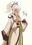  adapted_costume alternate_costume dark_skin guilty_gear guilty_gear_xrd hair_ornament japanese_clothes kimono mouth_hold ponytail ramlethal_valentine razu_(rus) red_eyes solo white_hair 