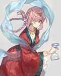  bad_id bad_twitter_id bandage_over_one_eye bangs bottle braid breasts chinese_clothes chocoan cleavage closed_mouth collarbone cowboy_shot divine_princess_of_the_storm earrings expressionless eyebrows eyebrows_visible_through_hair fate/grand_order fate_(series) florence_nightingale_(fate/grand_order) flower grey_background hagoromo hair_flower hair_ornament hanfu holding jewelry leaning_forward long_hair long_sleeves looking_at_viewer medium_breasts necklace pink_eyes pink_hair shawl simple_background single_braid solo spray_bottle wide_sleeves 