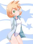  a-ktoo arms_behind_back blush breasts green_eyes gym_leader highres jacket kasumi_(pokemon) looking_at_viewer one-piece_swimsuit orange_hair pokemon pokemon_(game) pokemon_hgss short_hair small_breasts smile solo swimsuit thighs track_jacket 