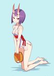  1girl bare_arms bare_legs bare_shoulders barefoot blue_background breasts bucket closed_mouth collarbone eyeshadow fate/grand_order fate_(series) full_body highres holding holding_bucket horns japanese_clothes kimono kneeling kuso_otoko makeup oni purple_eyes purple_hair sash short_hair short_kimono shuten_douji_(fate/grand_order) simple_background sleeveless sleeveless_kimono small_breasts smile soles solo sweatdrop toes towel wooden_bucket 
