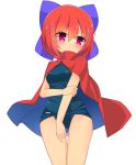  blue_bow blue_swimsuit bow breasts cape embarrassed eyebrows_visible_through_hair hair_between_eyes hair_bow high_collar highres inon looking_at_viewer one-piece_swimsuit red_cape red_eyes red_hair school_swimsuit sekibanki short_hair simple_background solo sweatdrop swimsuit swimsuit_under_clothes touhou white_background 