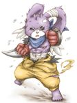  abs anthro athletic barefoot chest_wraps clothed clothing digimon ear_wraps fighting_stance gloves lagomorph mammal neckerchief nipples ope_mouth scar suzutake sweat topless turuiemon wraps 